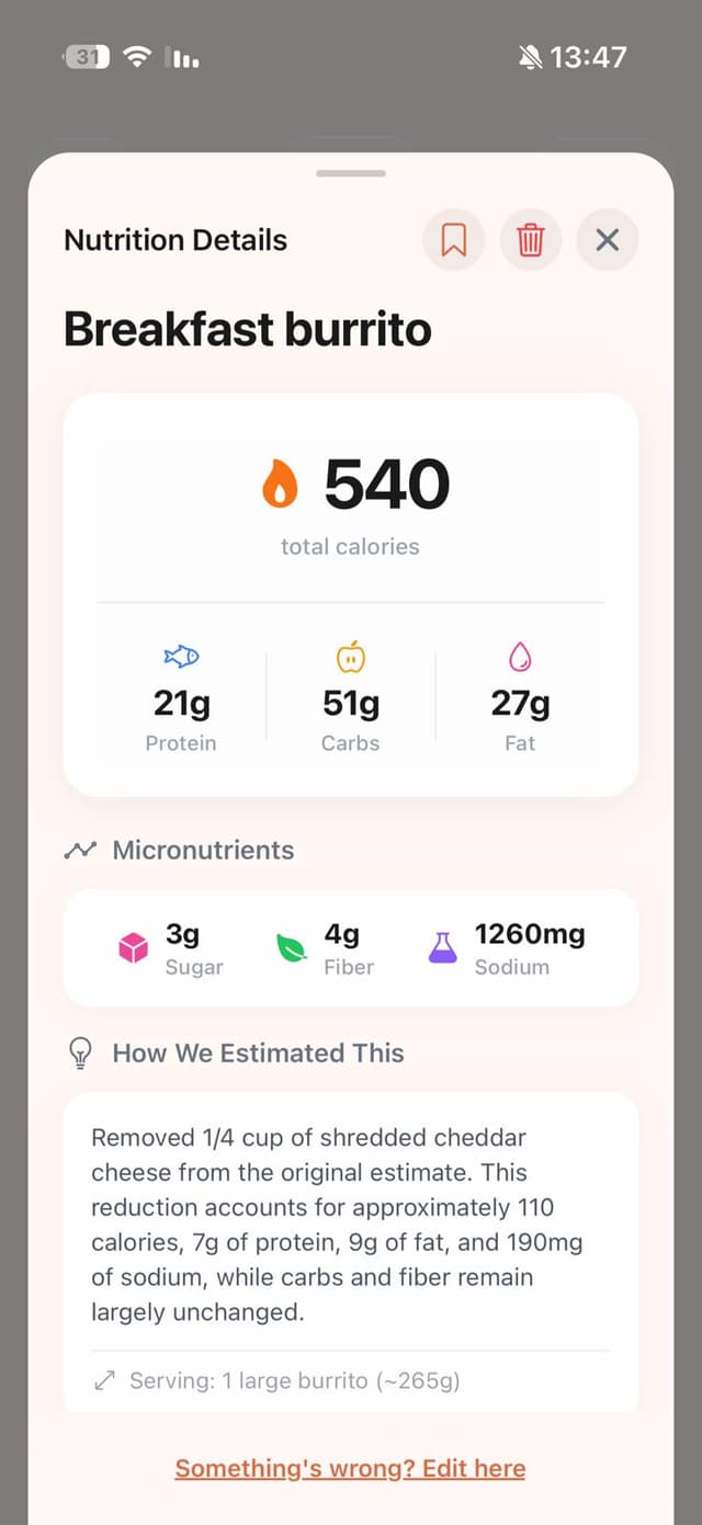 Detailed nutrition breakdown screen